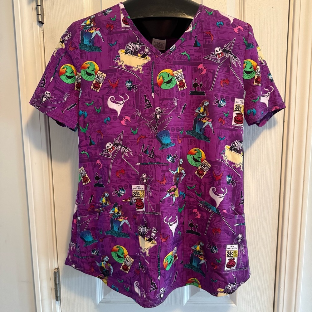 The Nightmare Before Christmas Skellington Women's V-Neck Scrub Top SMALL